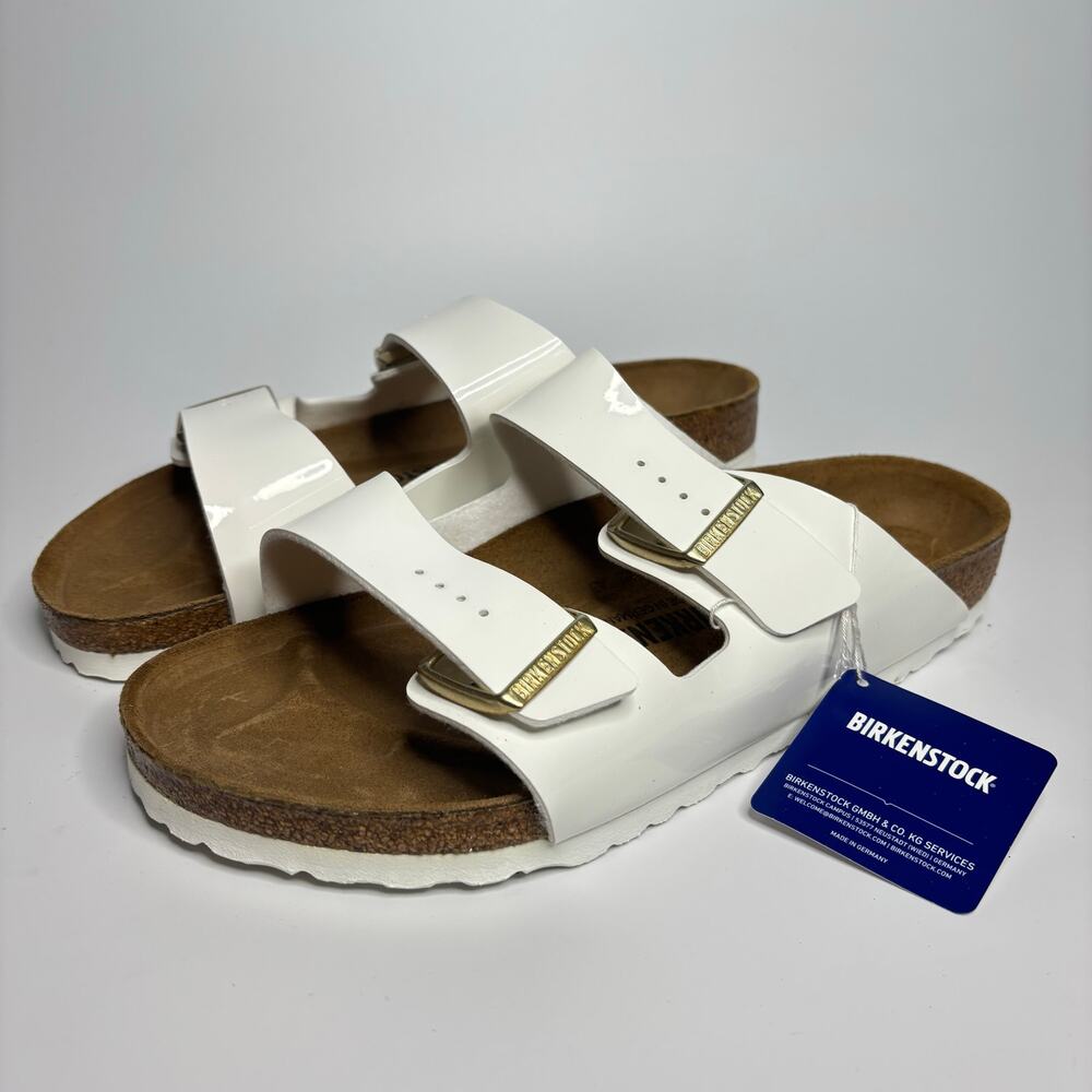 Birkenstock Unisex Arizona Two Strap Sandals in White Patent Birko-Flor